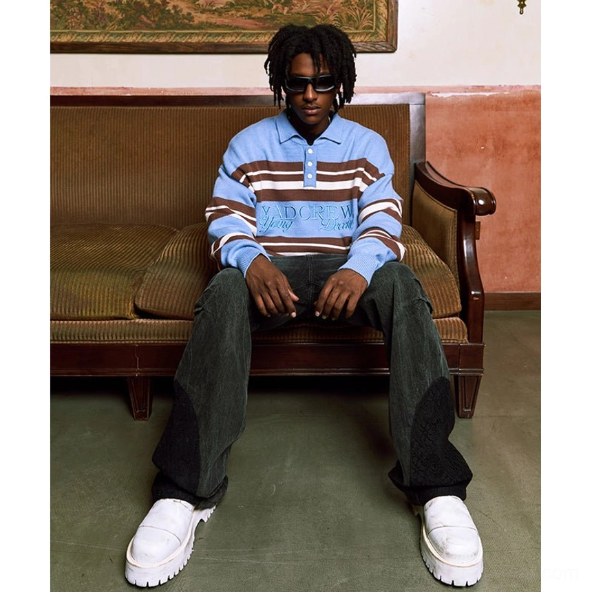 Blue brown white striped polo collar knit sweater embroidered streetwear detail