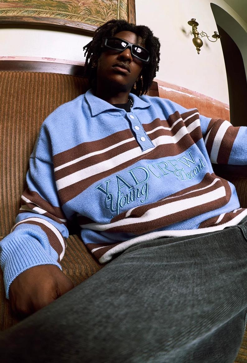 Blue brown white striped polo knit sweater with button placket streetwear design