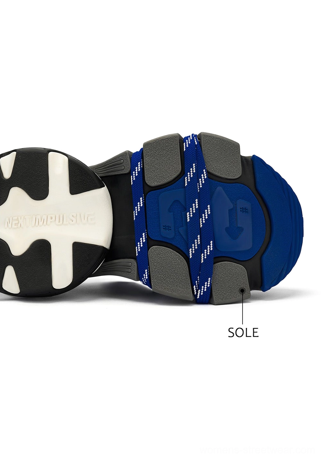 Blue chunky dad sneakers designed for oversized denim, cargo pants, skirts, layered outfits, and modern Seoul-inspired street style