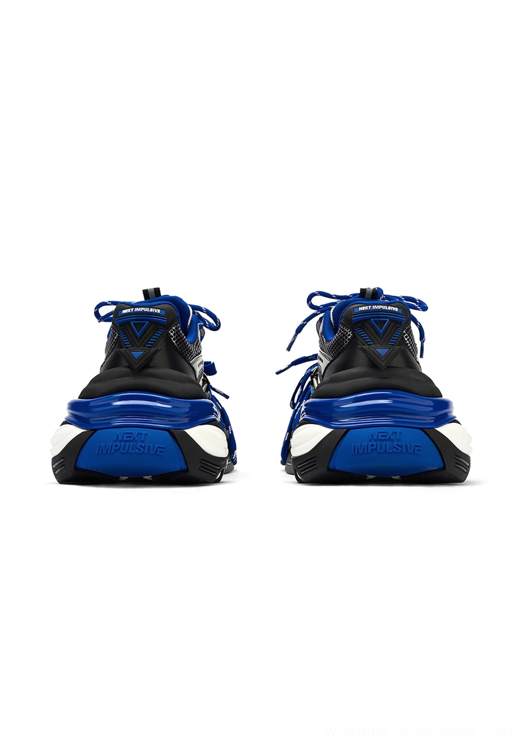 Rear view of matching blue chunky platform dad sneakers showing the thick blue heel sole, structured heel counters, and symmetrical streetwear design