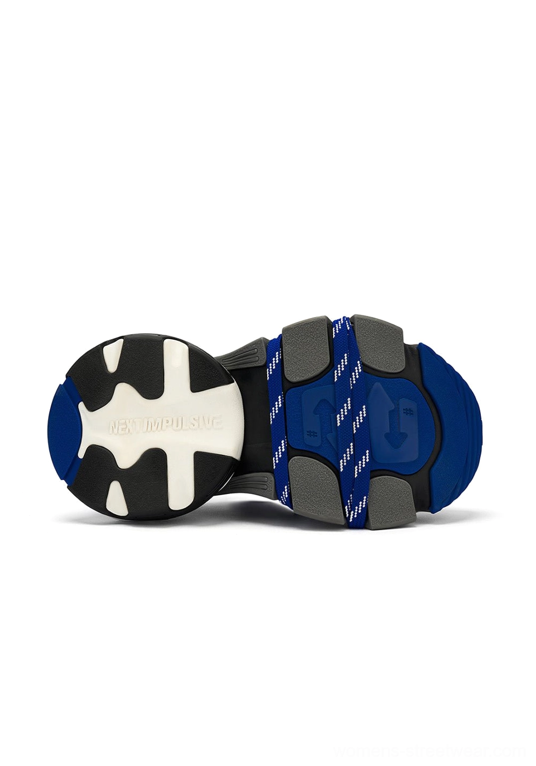 Blue chunky platform dad sneakers with retro athletic styling, layered sole construction, wrapped laces, and bold color-blocked upper