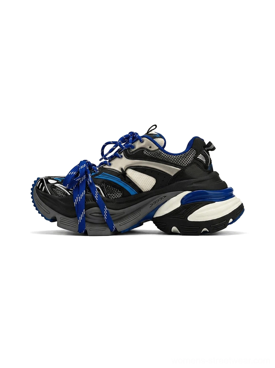 Blue chunky platform dad sneakers with black white and silver color blocking, wrapped blue laces, textured upper, and layered thick rubber sole shown in a three-quarter studio view