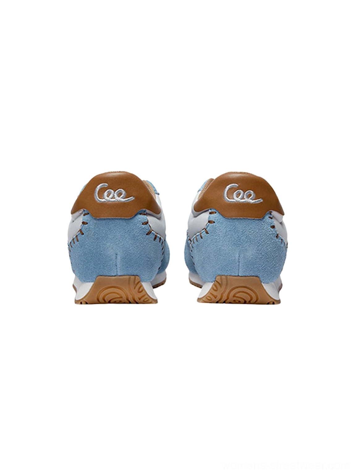 Rear view of blue contrast-stitch platform sneakers with brown heel tab embroidered detail and gum-style wedge outsole