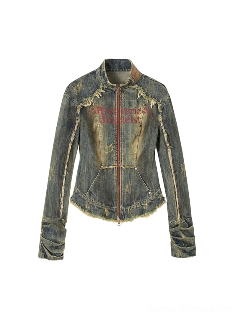 Blue distressed denim corset jacket product image with fitted Y2K streetwear silhouette