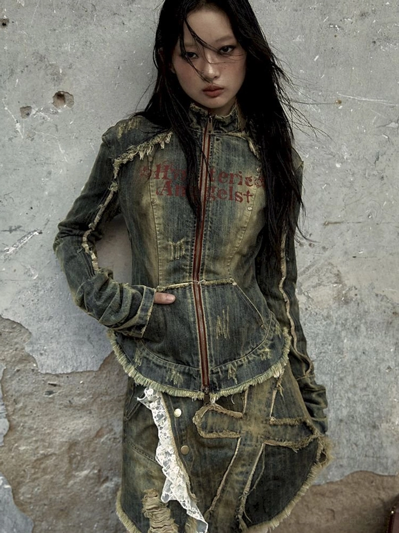 Blue distressed denim corset jacket designed for Y2K streetwear and layered fashion styling