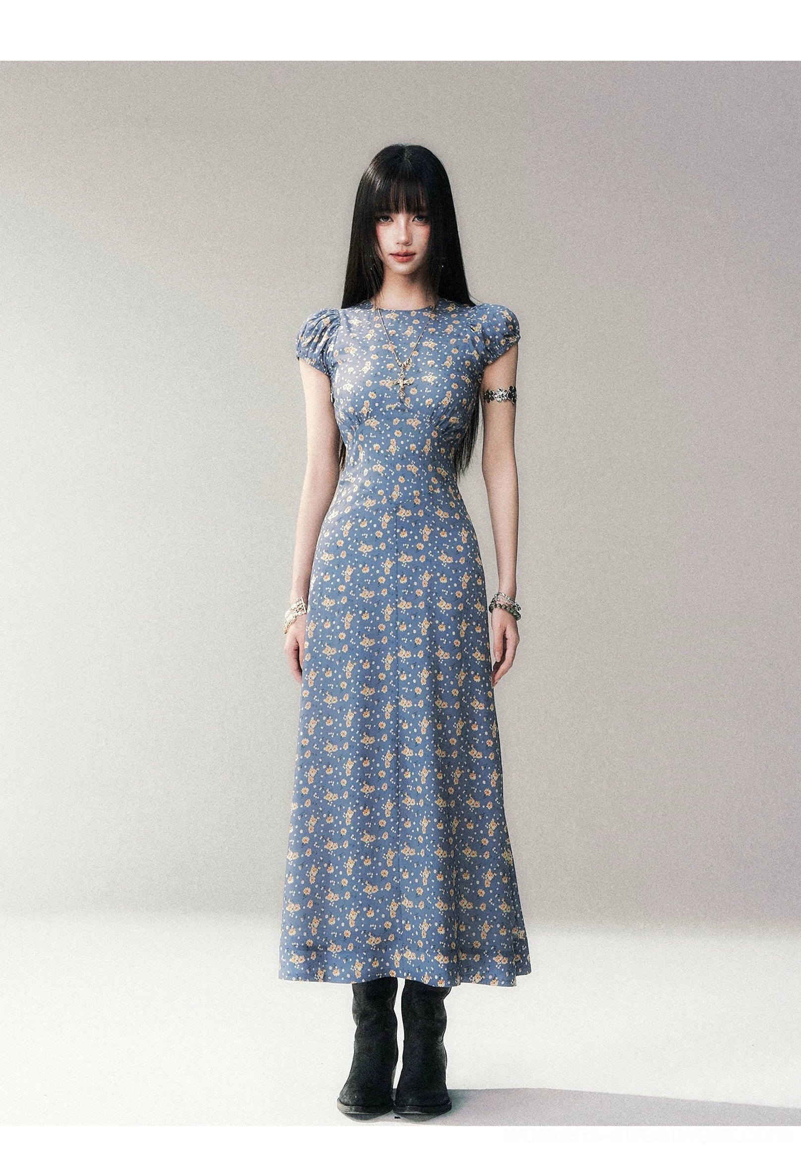 Blue ditsy floral open-back maxi dress with puff sleeves fashion detail view