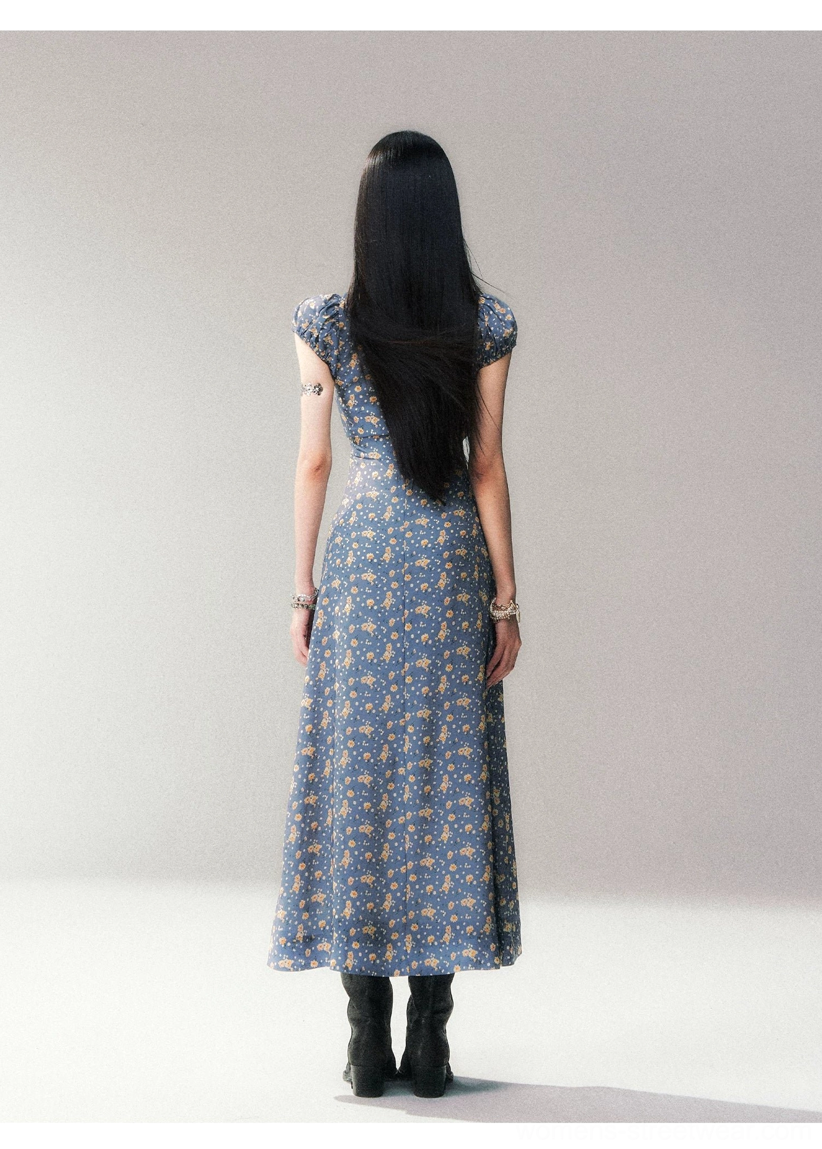 Blue ditsy floral open-back maxi dress with puff sleeves full-length fashion view