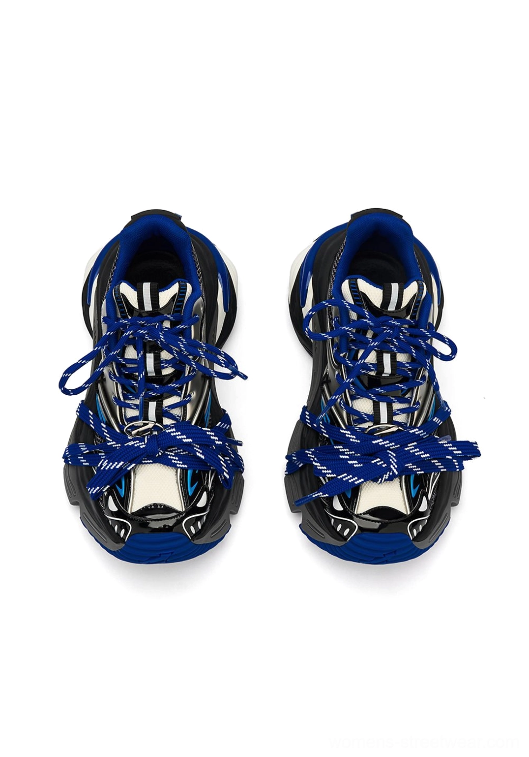 Blue futuristic platform sneakers with bold retro athletic proportions, thick layered sole, mixed textures, and versatile everyday streetwear styling