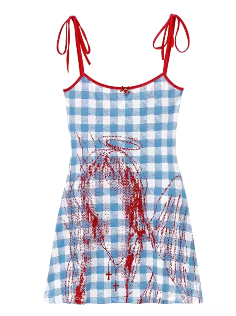 Blue gingham angel graphic cami mini dress with red tie straps and Y2K Korean streetwear styling
