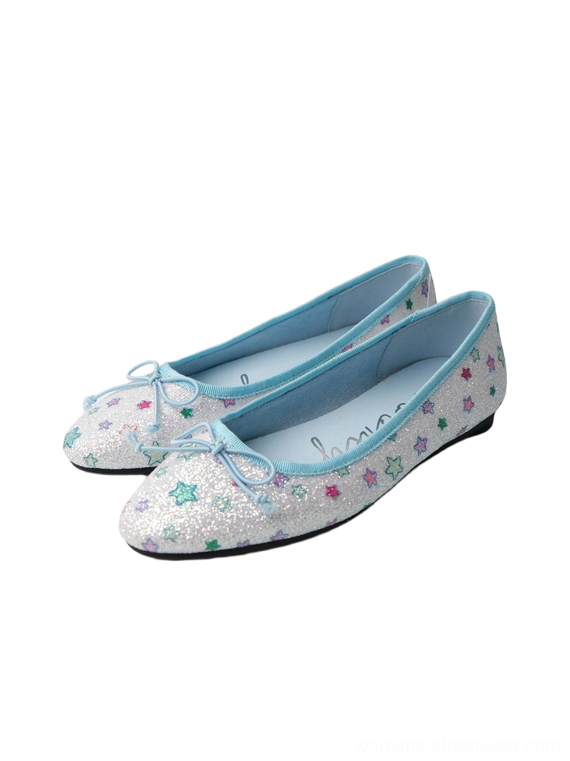 Blue glitter star print bow ballet flats with light blue collar trim, toe bows, and black rubber outsole