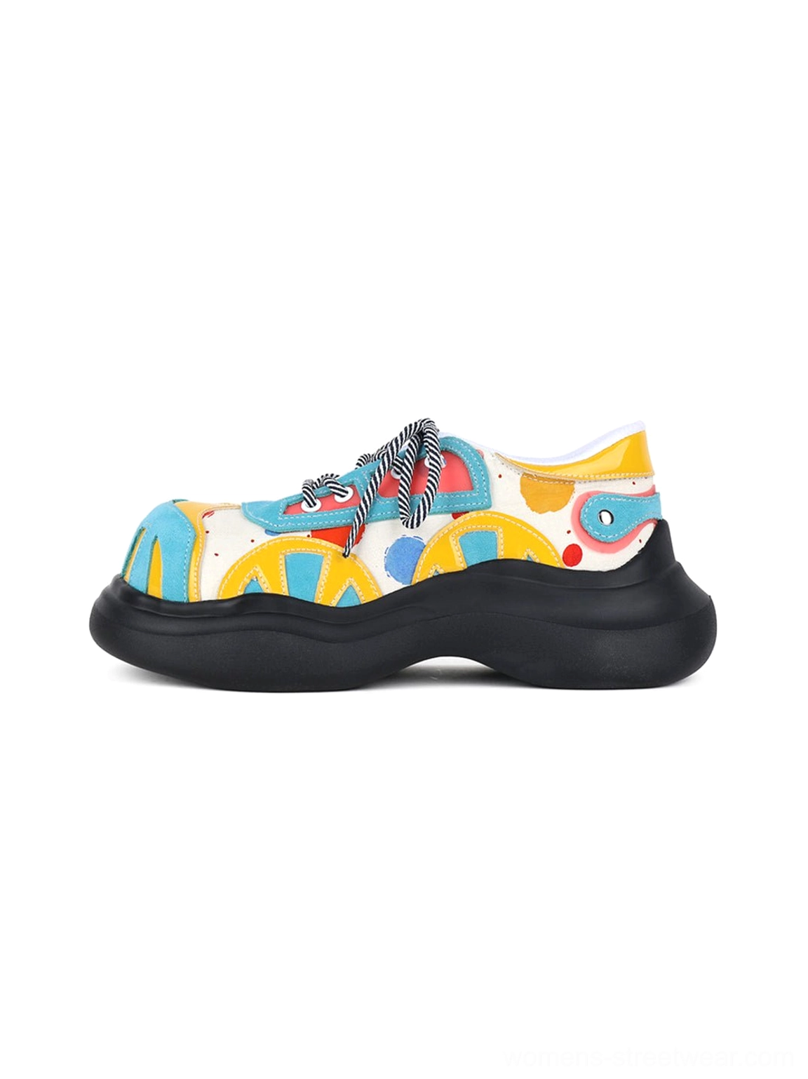 Blue graffiti graphic platform derby shoes with multicolor abstract printed upper and chunky matte black sole side view