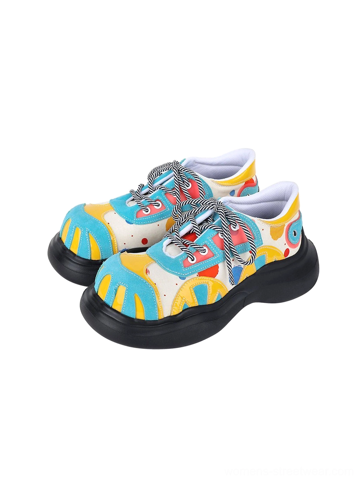 Blue graffiti graphic platform derby shoes with multicolor printed panels and thick black platform sole