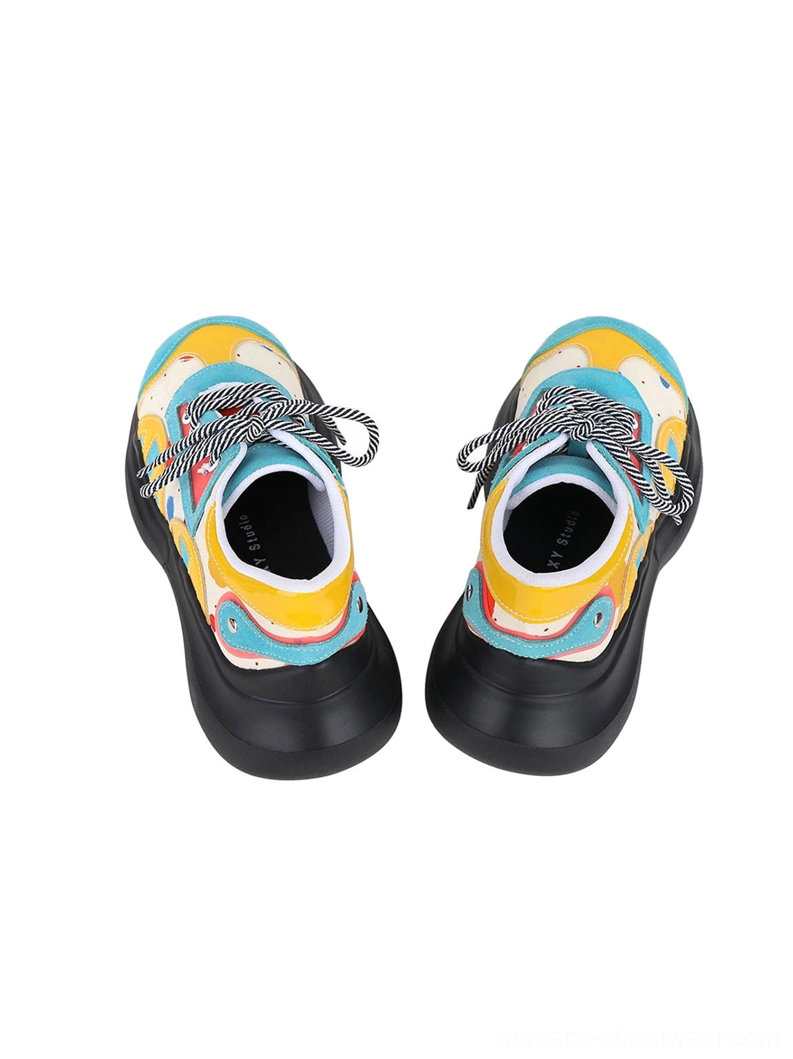 Blue graffiti platform derby shoes with abstract colorful upper, padded collar, striped laces, and black sole