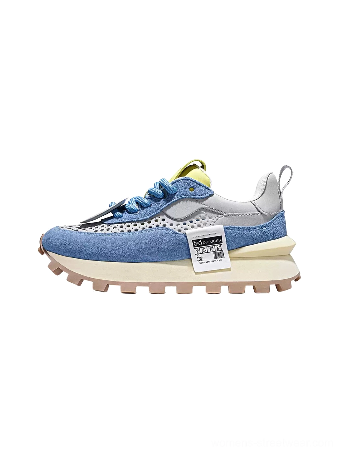 Blue and gray two-tone perforated leather platform shoes with contrasting yellow heel pull tab and breathable upper