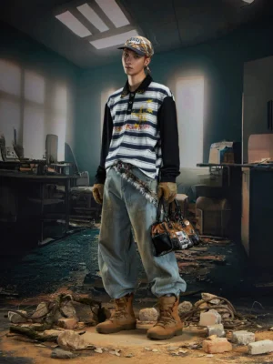 Male model wearing a blue grey striped long sleeve rugby polo shirt with black sleeves, baggy jeans, work boots, and leopard print tote in urban streetwear styling