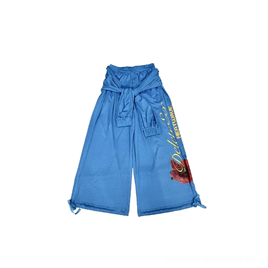 Blue hibiscus mesh high-waist wide-leg streetwear pants in blue color variant product view
