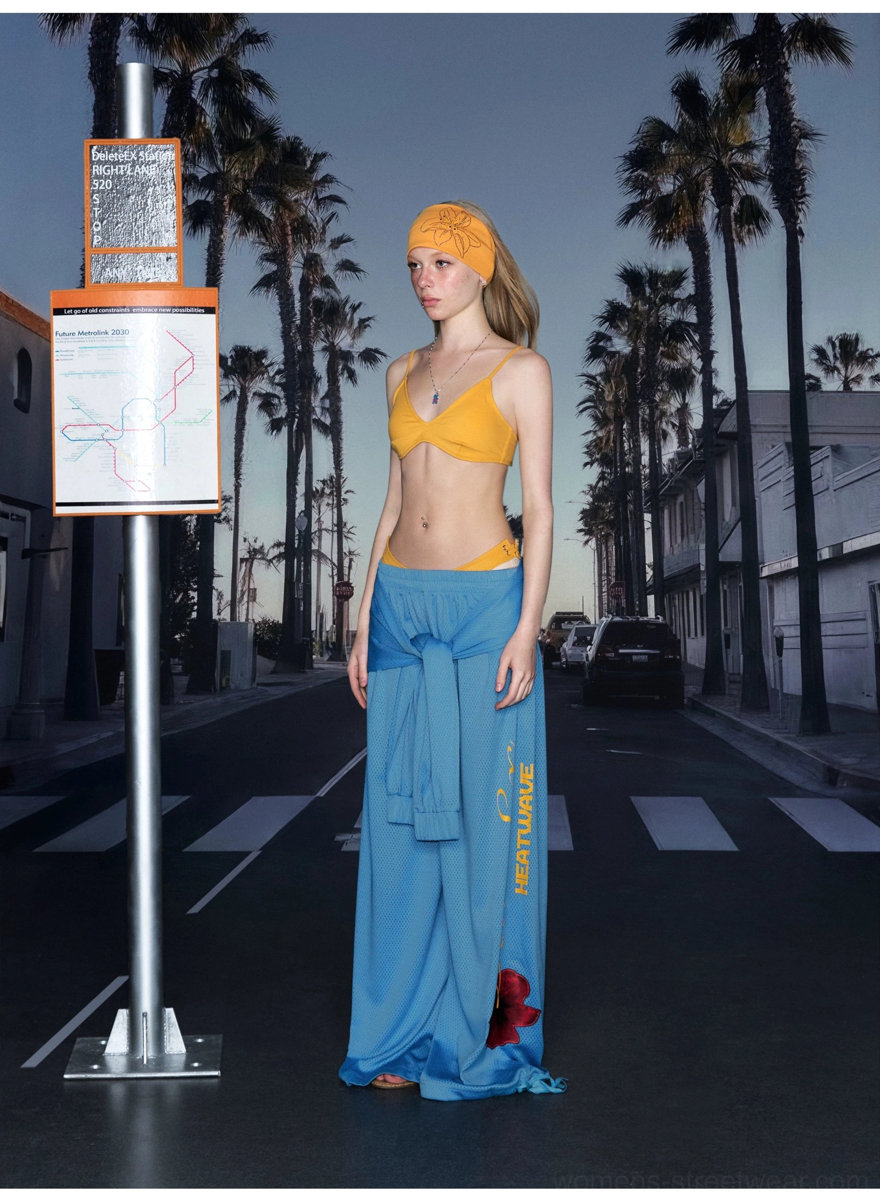 Blue hibiscus mesh high-waist wide-leg streetwear pants product fashion detail view