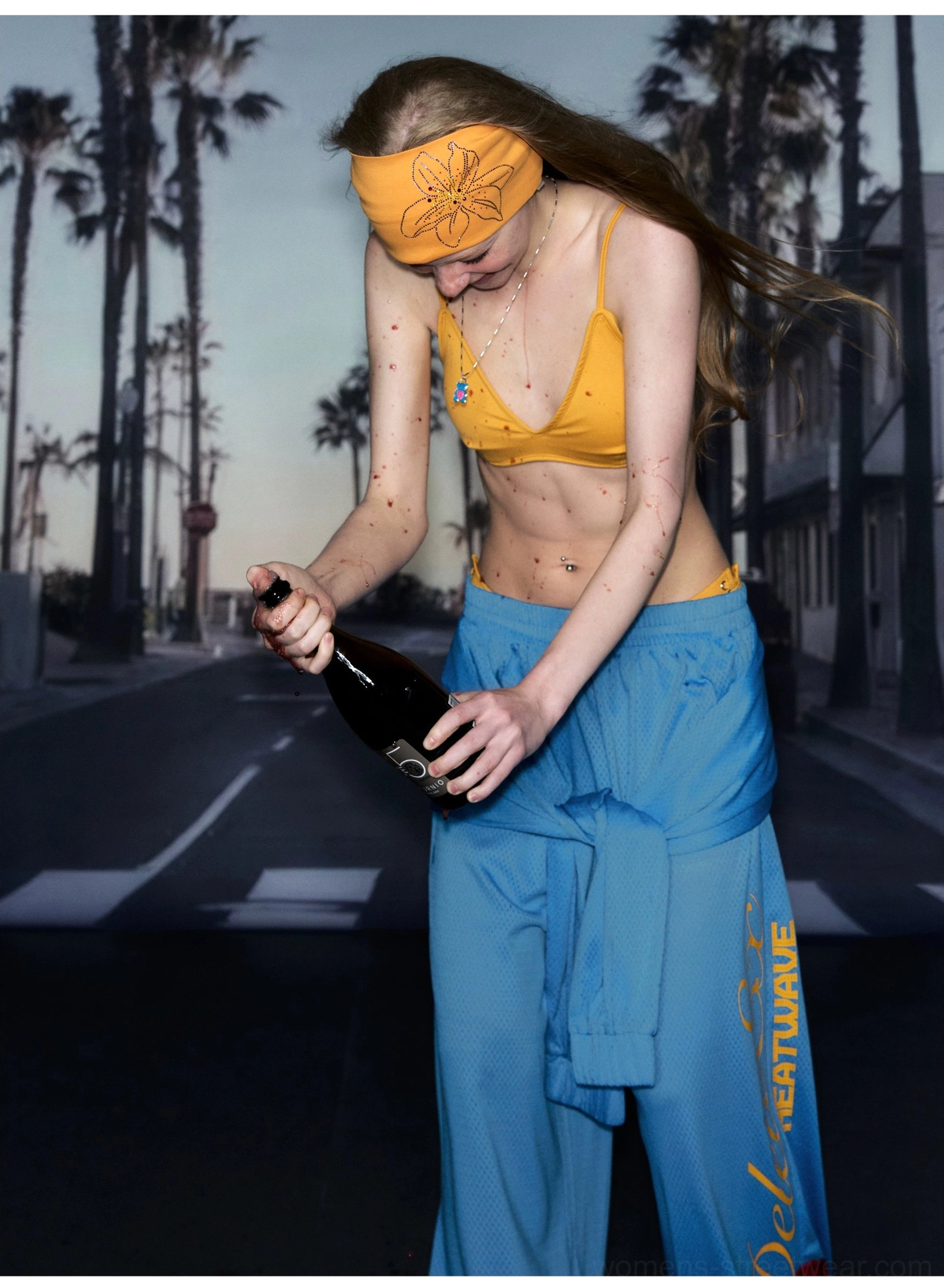Blue hibiscus mesh high-waist wide-leg streetwear pants with tropical graphic styling