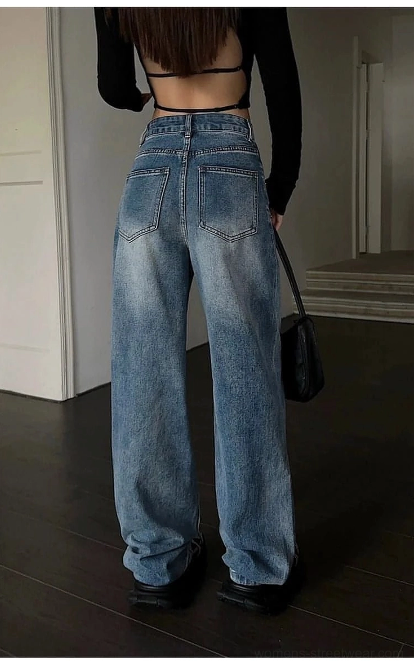 Blue high-waist wide-leg jeans with a comfortable relaxed fit for Y2K and Korean fashion outfits