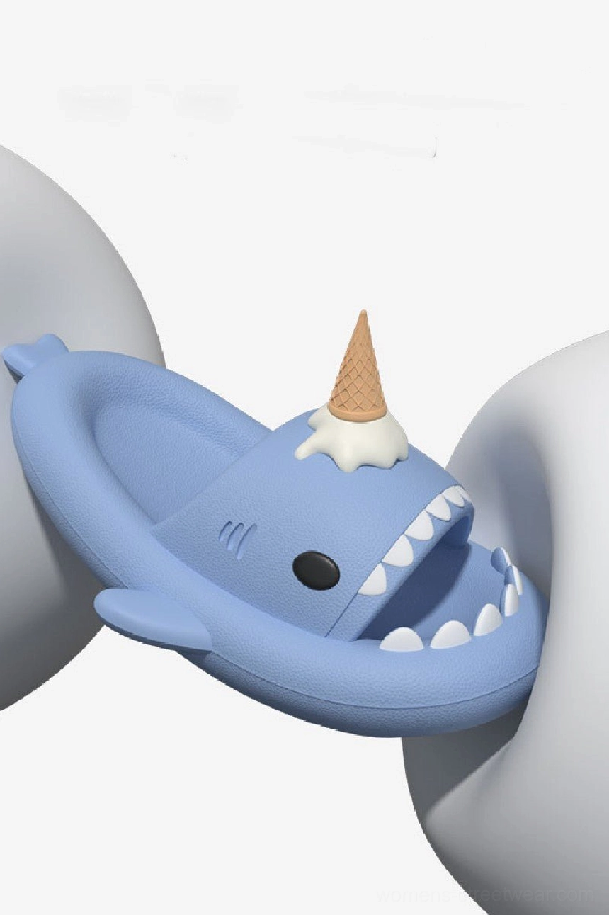 Blue ice cream shark slipper shown from the side with detailed teeth fin and decorative ice cream cone