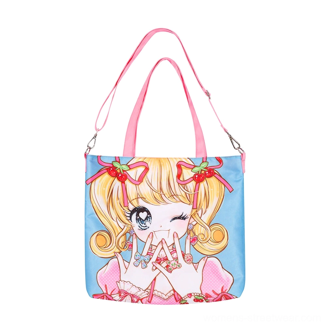 Sky blue kawaii anime girl convertible tote bag with short top handles and adjustable pink crossbody strap front view