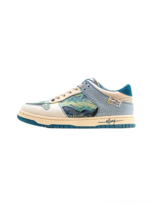 Blue and cream landscape art retro low-top skate sneakers side profile on white background