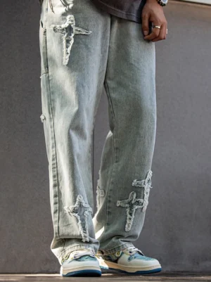 Blue landscape art skate sneakers styled with distressed vintage denim streetwear outfit