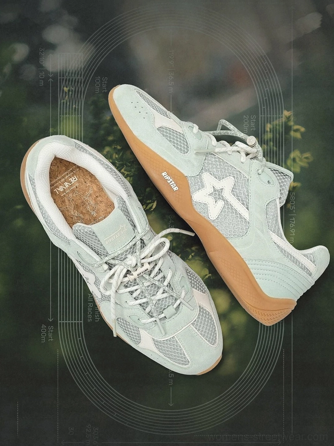 Blue mesh star German trainer sneakers flat lay showing cork-style insoles star applique details and full shoe construction