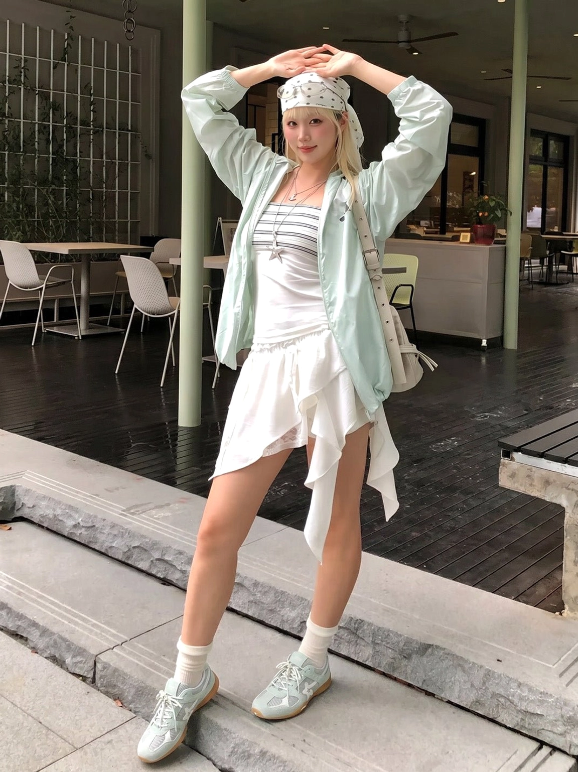 Full body streetwear outfit featuring blue mesh star German trainer sneakers in a modern casual cafe setting