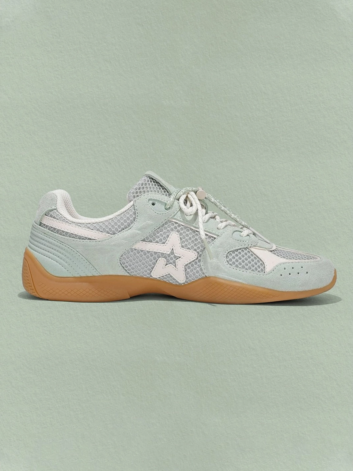 Blue mesh star German trainer sneaker complete lateral side view with suede-look overlays star logo and gum sole