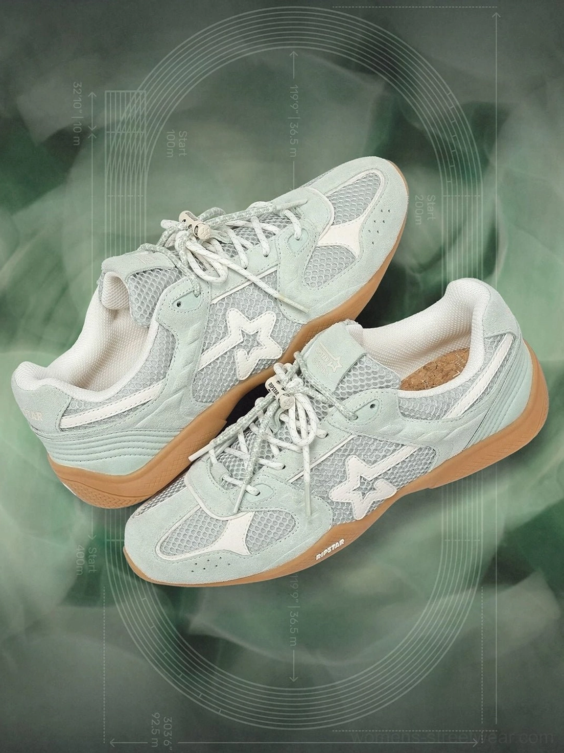 Pair of blue mesh star German trainer sneakers top view highlighting breathable mesh upper star logos and gum soles