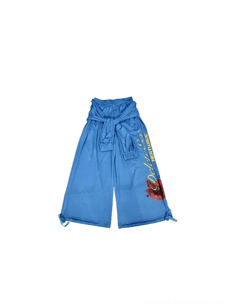 Flat lay view of blue mesh streetwear cargo pants showing the adjustable tie-front waist, side pocket, hibiscus graphic, and drawstring cuffs