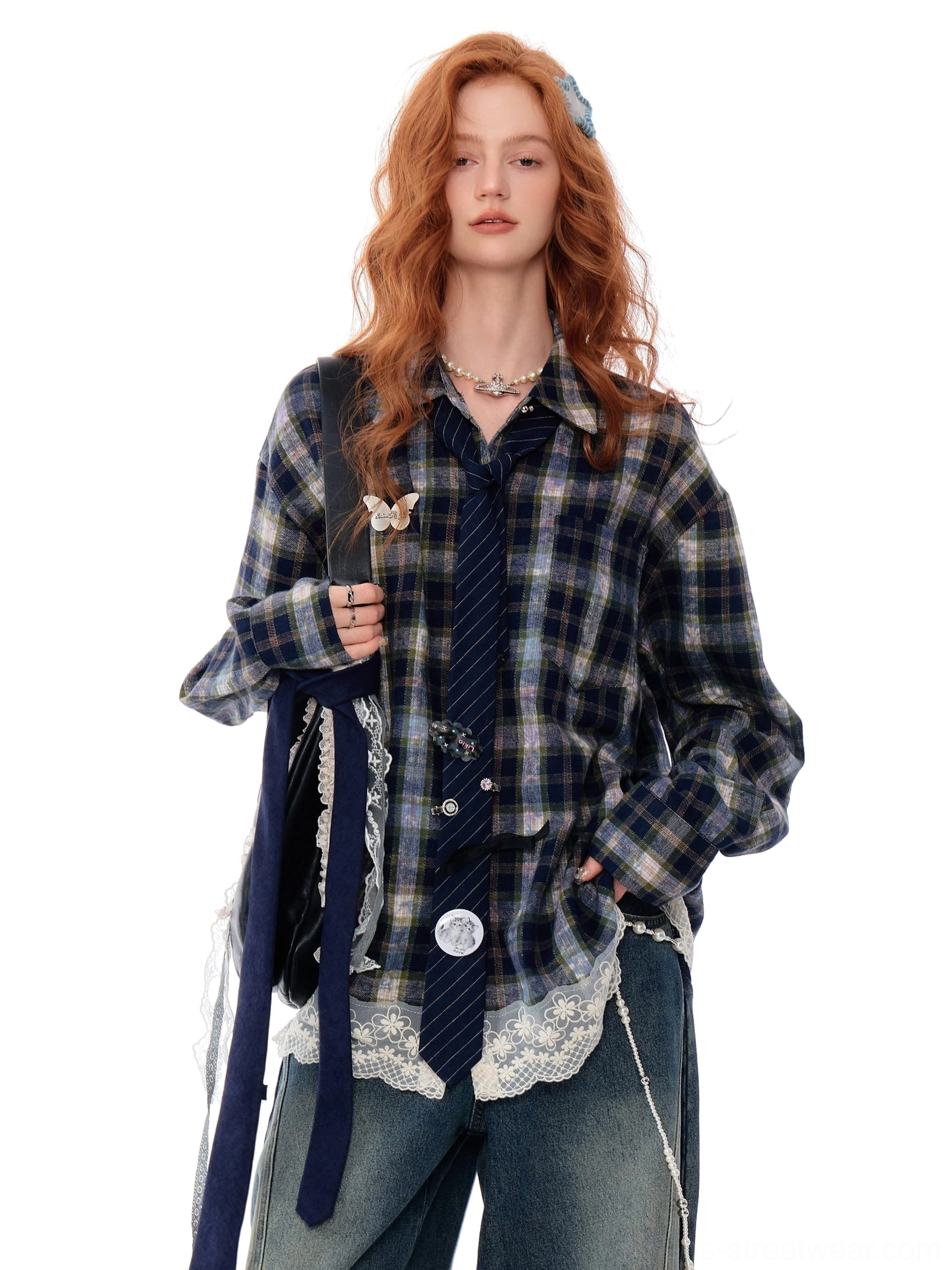 Blue mixed plaid streetwear shirt with ruffled lace hem, ribbon necktie, wide-leg jeans, and layered accessories