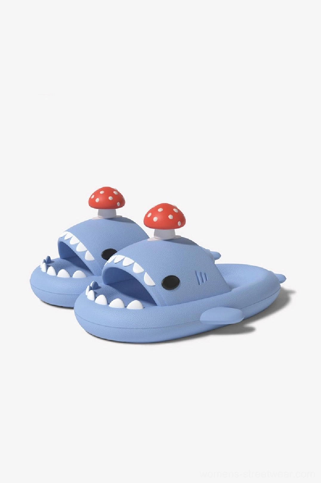Blue mushroom inspired shark slide slippers with playful character details and EVA construction