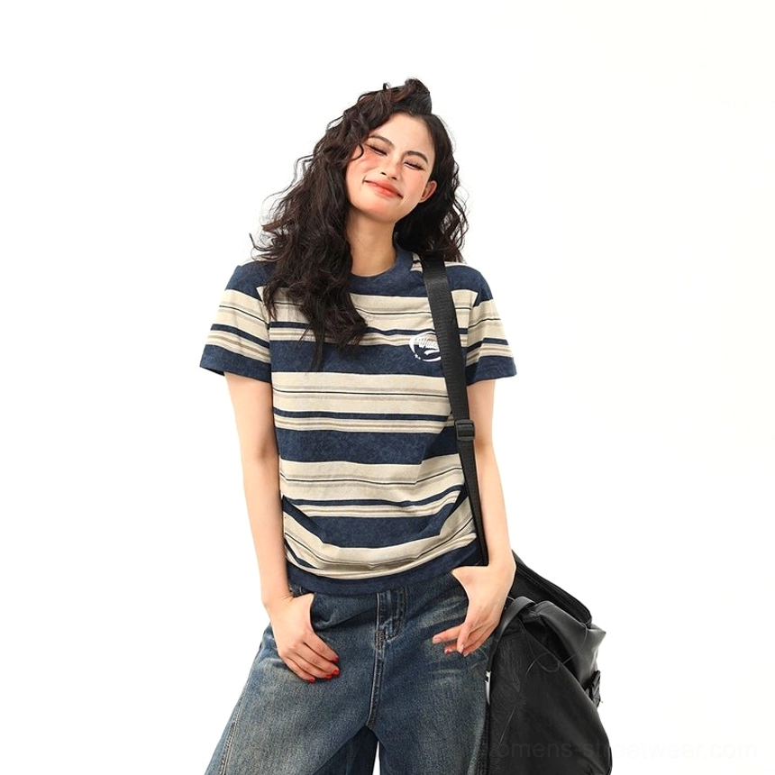 Women’s blue navy beige vintage striped cotton short-sleeve T-shirt front view with crew neck and subtle chest logo