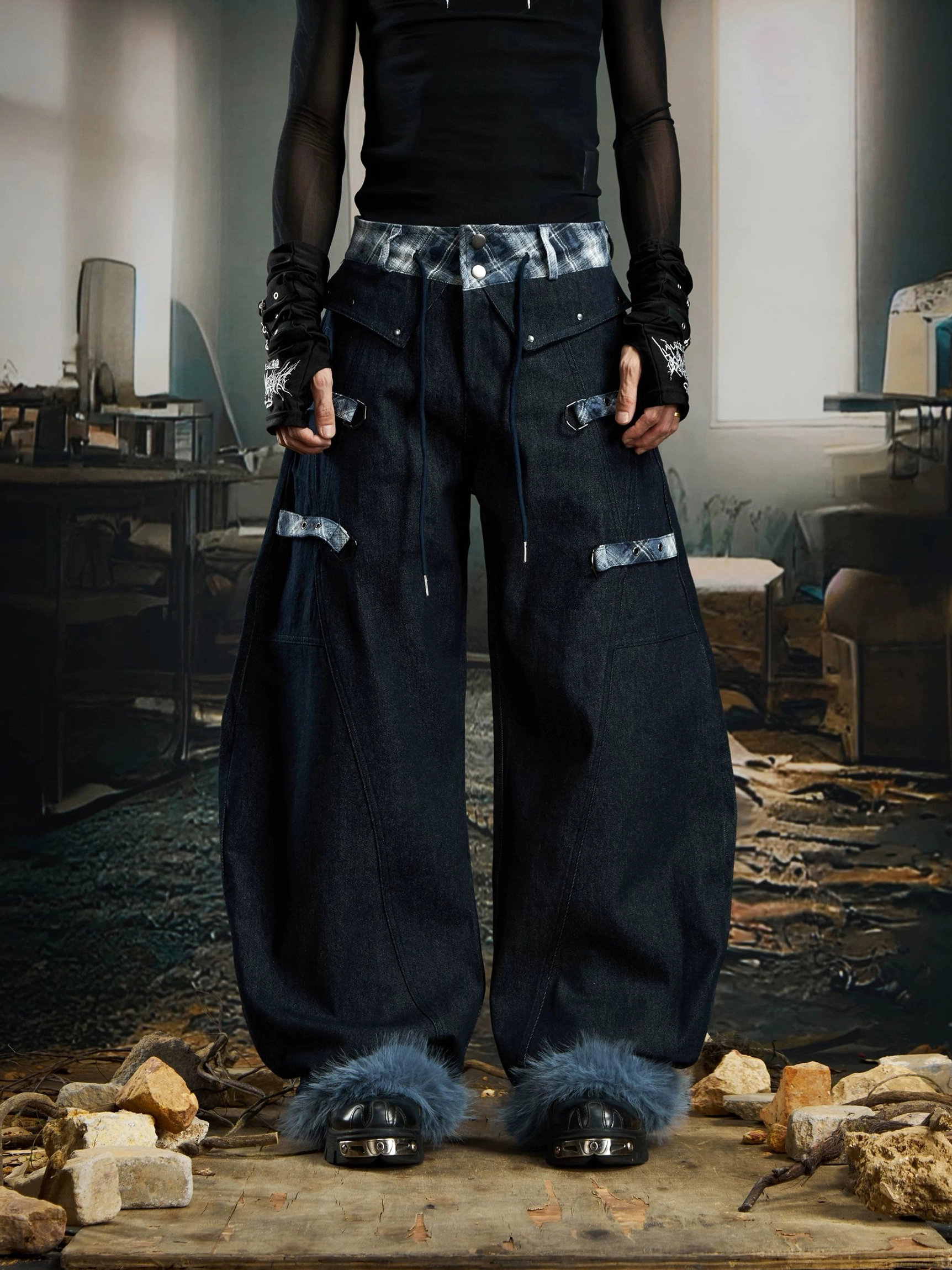 Blue plaid fur-hem streetwear cargo pants with oversized black wide-leg silhouette straps and light blue faux-fur cuffs
