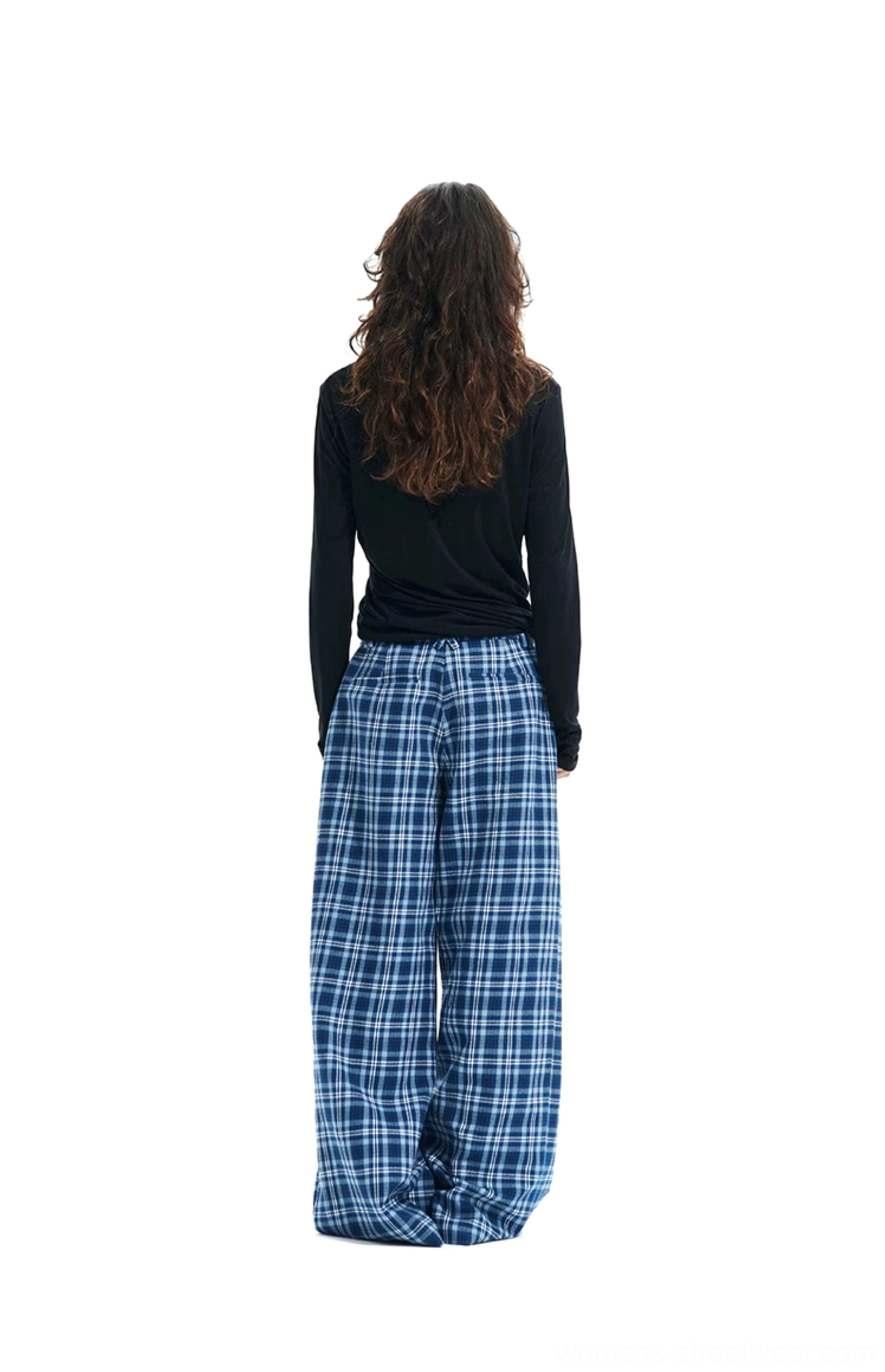 Blue plaid high-waisted cotton pants featuring an elastic waistband, generous leg room and contemporary streetwear styling