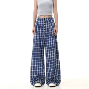 Blue plaid high-waisted wide-leg streetwear pants shown from the front with button-front closure and oversized check pattern