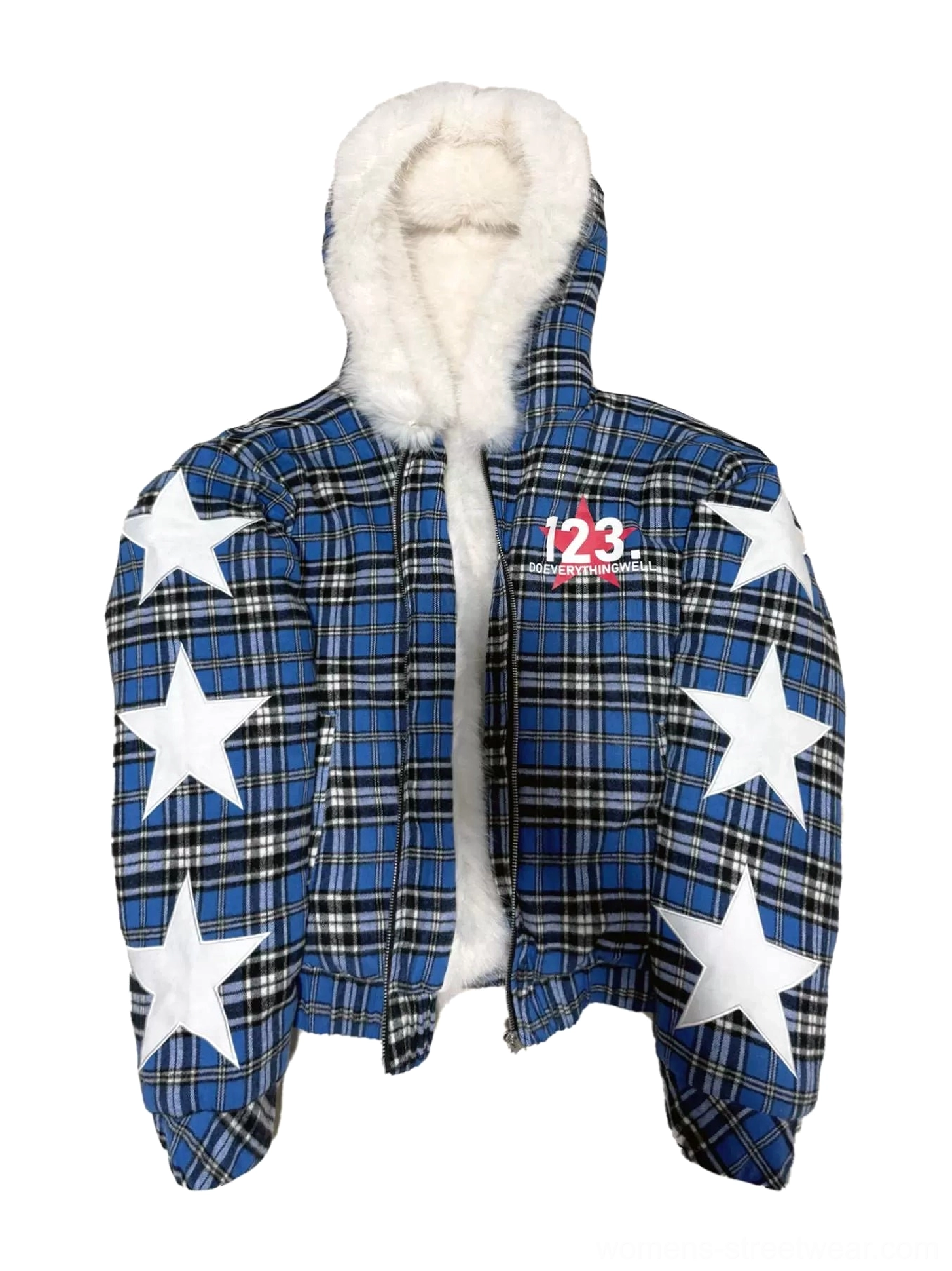 Front flat lay view of blue plaid star puffer jacket showing white star appliques, attached faux-fur-lined hood, and 123 chest graphic
