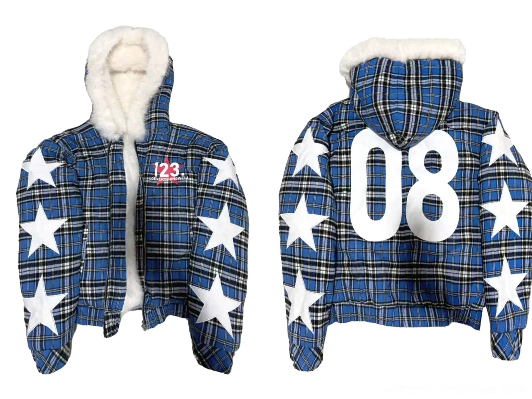 Blue plaid star puffer jacket product view featuring white star patches, plush hood lining, and bold 08 back graphic