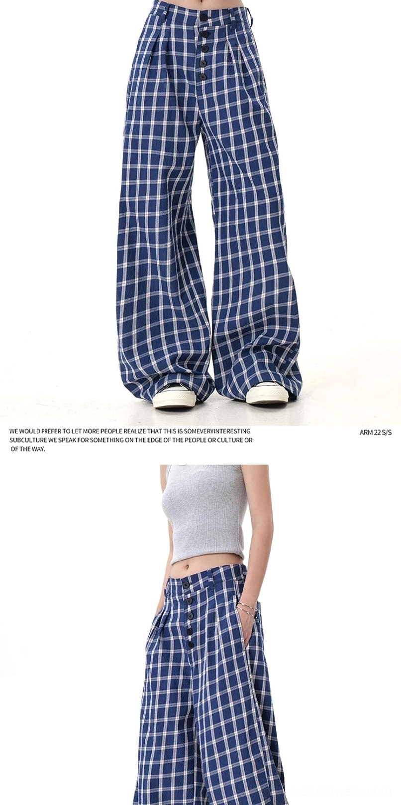 Additional product view of blue plaid wide-leg streetwear pants with modern Korean fashion styling