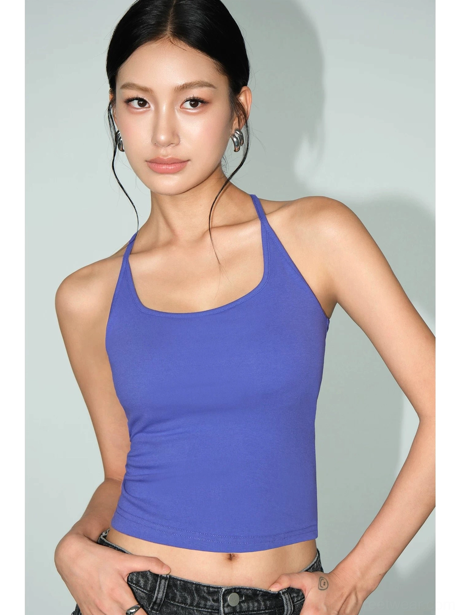 Blue Purple fitted square neck racerback knit crop tank for women color option product view
