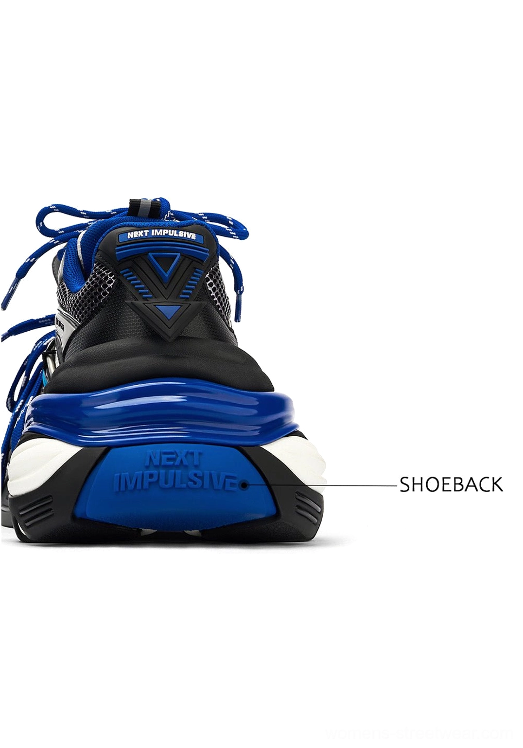 Blue retro chunky sneakers with silver-toned details, oversized platform sole, dimensional lacing, and contemporary Y2K streetwear appeal