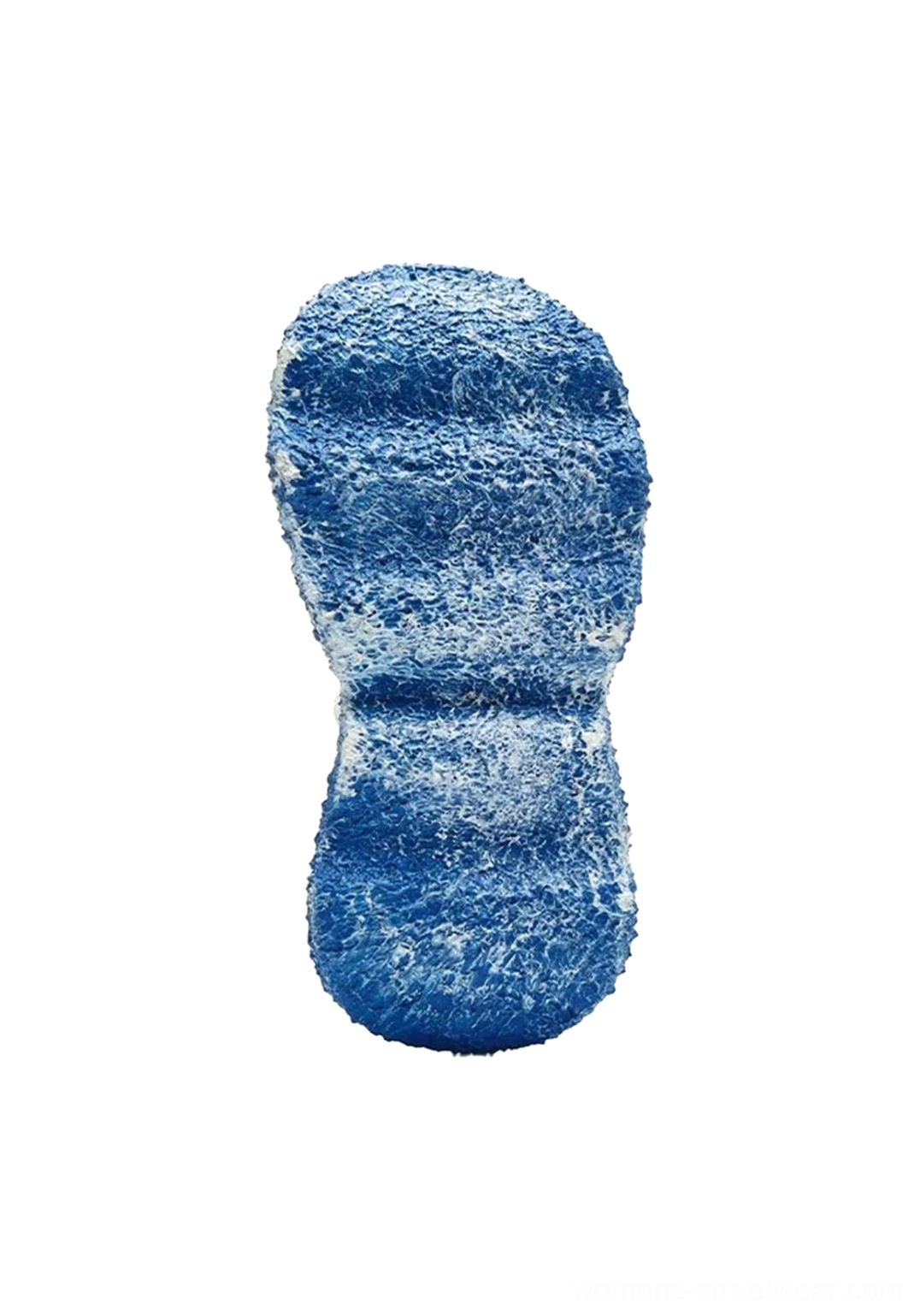 Bottom outsole view of blue stellar nova chunky sole sneaker showing thick wavy shape, speckled blue rubber surface, and textured traction pattern
