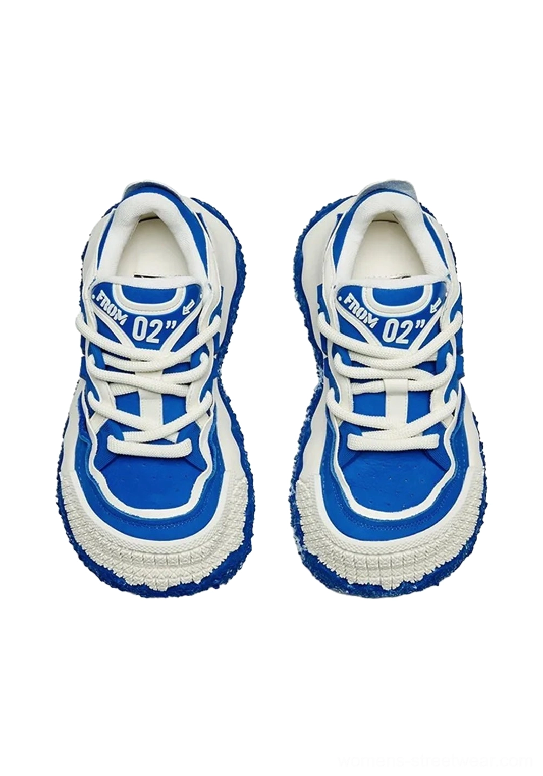Front view of blue and white colorblock chunky sole sneakers with 02 tongue detail, textured white toe caps, lace-up fronts, and speckled blue outsole