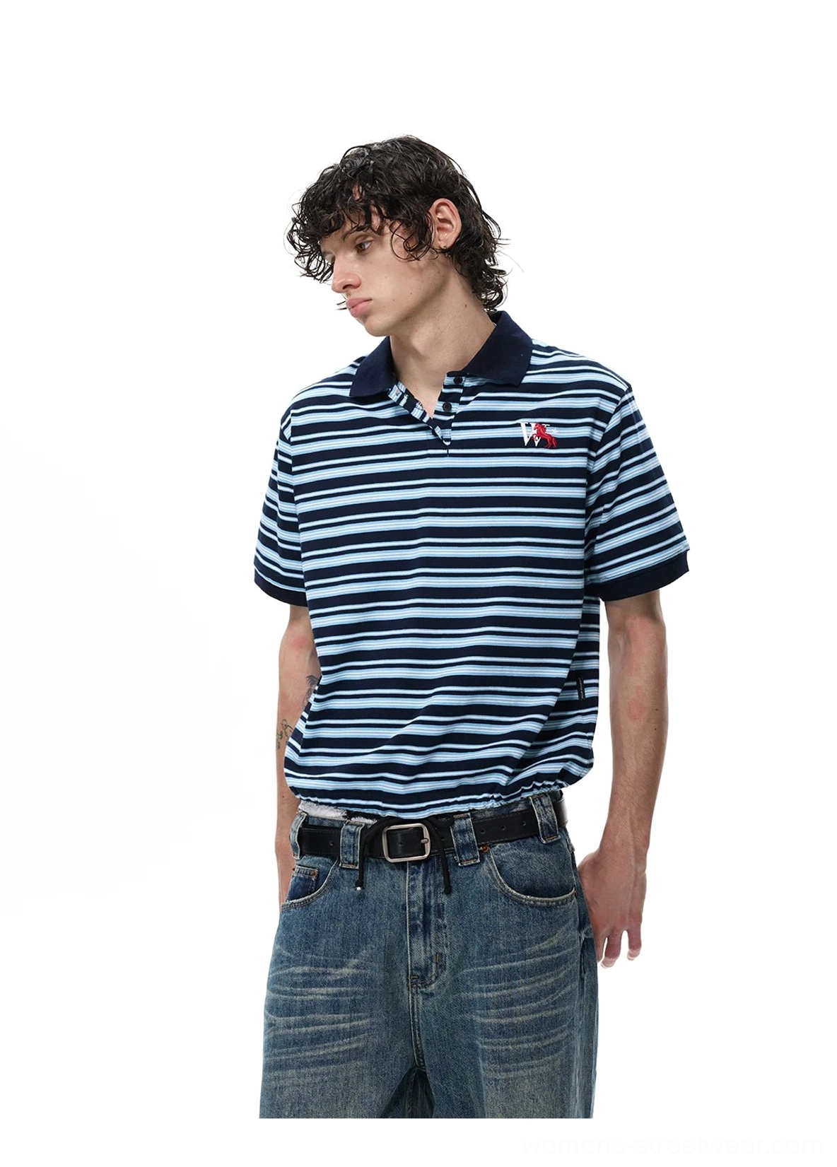 Blue striped cotton polo shirt with navy ribbed collar and embroidered chest accent