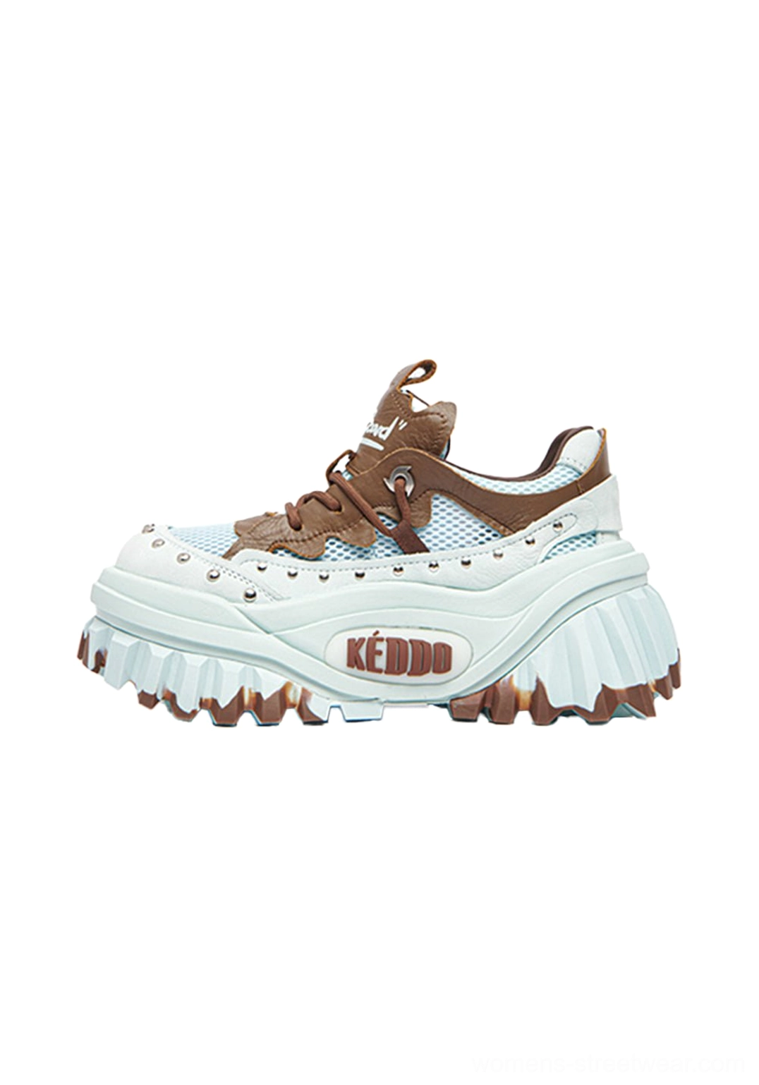 Blue women’s studded wave-sole platform loafers with chunky height-enhancing outsole and modern streetwear styling