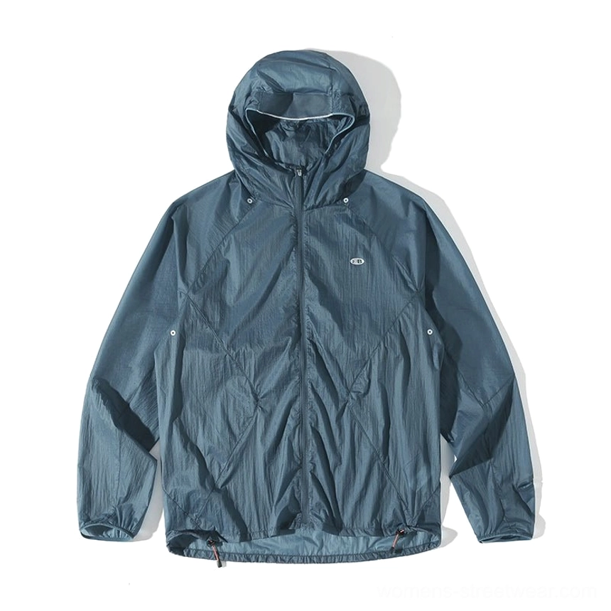 Blue ultra-light UV protection windbreaker jacket with hood, full zipper, and versatile outdoor streetwear styling