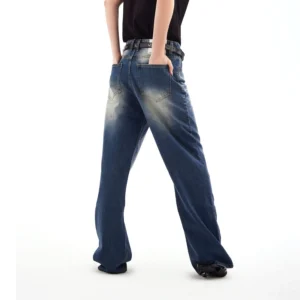 Back full-body view of blue vintage wash wide-leg jeans showing classic back pockets, faded denim texture, and relaxed streetwear fit