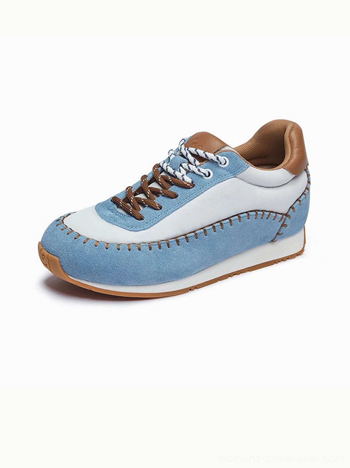 Blue white and brown contrast-stitch platform sneakers shown from the left side with lace-up front detail